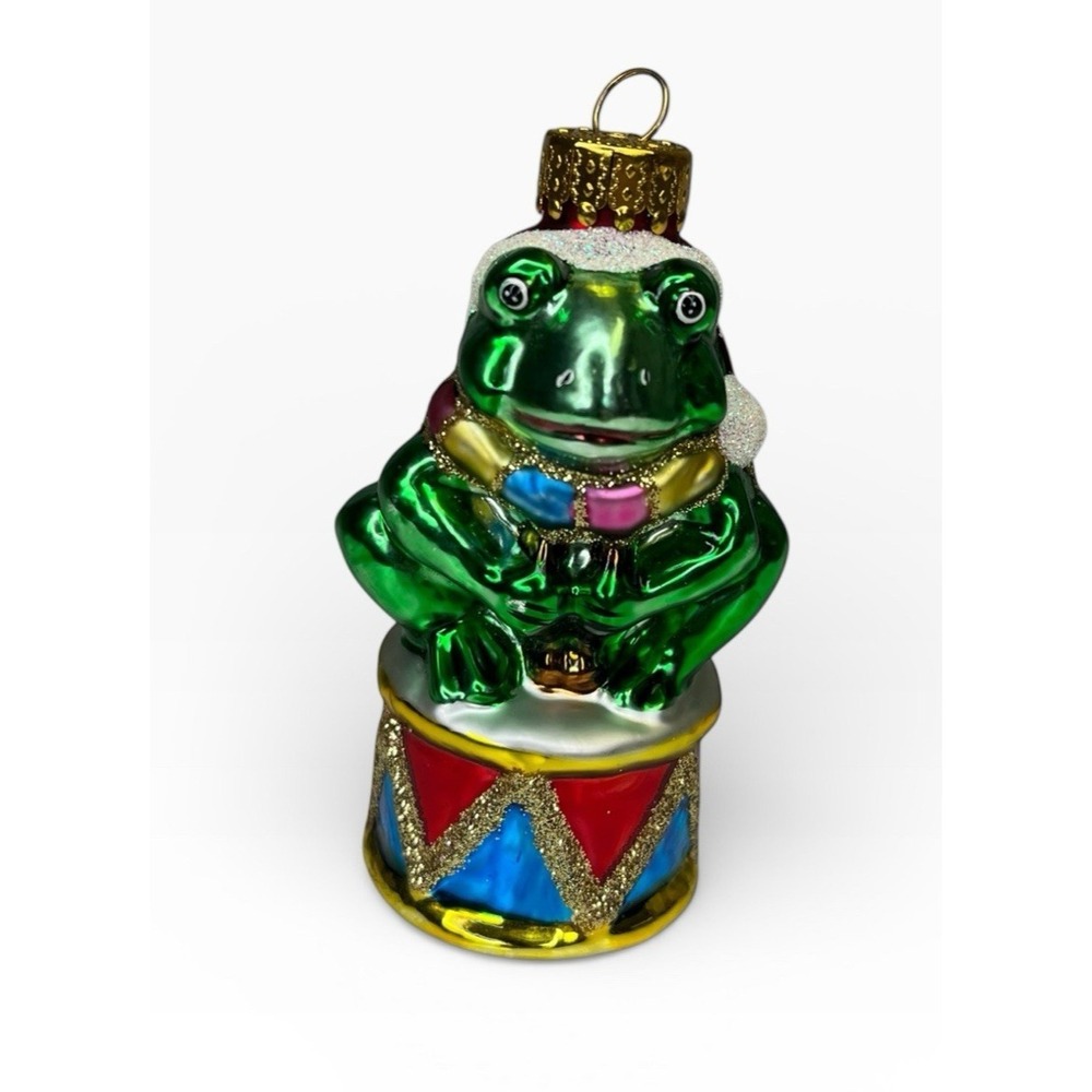 Drumming Frog Christmas Ornament‎ Drum Drummer Boy Glass Glitter Green Red Blue